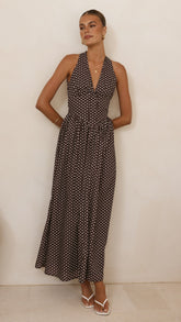 Rachel Tie Back Maxi Dress - Chocolate/White Spot
