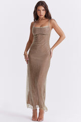 Alondra-Cafe Au Lait Beaded Maxi Dress - Limited Edition