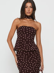 Sydni Scarf Detail Strapless Top Chocolate / Pink Polka Dot