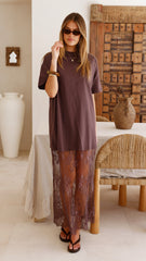 Raina T-Shirt Maxi Dress - Brown Lace
