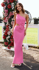 Bloom One Shoulder Cut Out Maxi Dress - Hot Pink