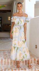 Chase Off Shoulder Maxi Dress - Blue/Peach Floral