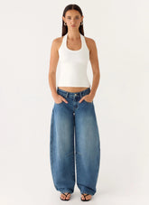Stevie Low Rise Barrel Leg Jeans - Mid Wash Blue