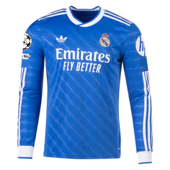 adidas Men's Real Madrid Mbappe Long Sleeve Third Jersey w/ Champions League Patches 25/26 (Blue/White)