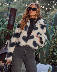 Roxanah Heart Print Faux Fur Jacket