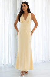 Nicolina Yellow Satin Formal Maxi Dress