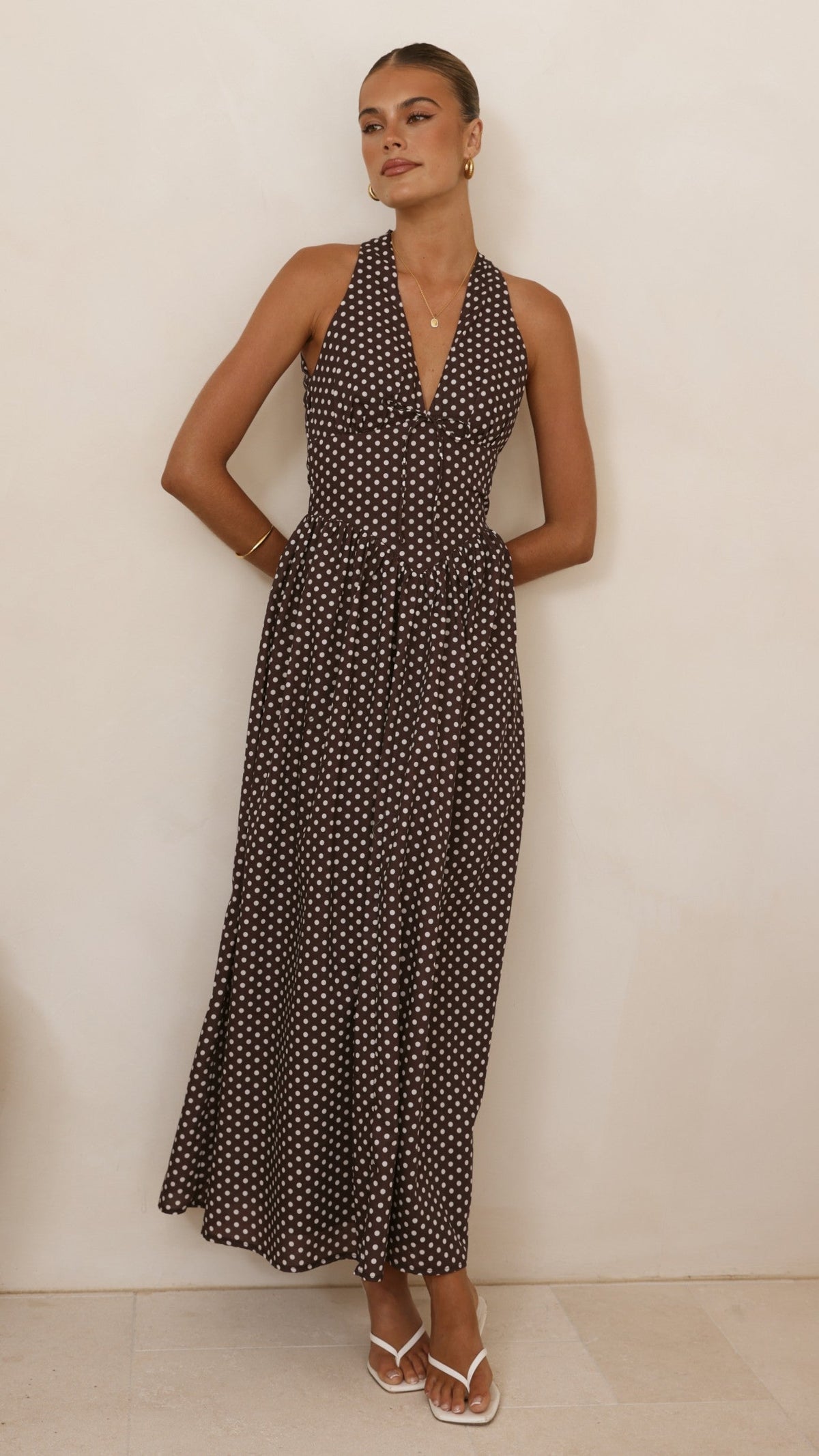 Rachel Tie Back Maxi Dress - Chocolate/White Spot