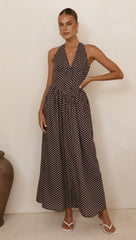 Rachel Tie Back Maxi Dress - Chocolate/White Spot