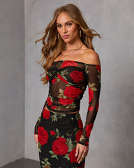 Warm Bloom Floral Mesh Off The Shoulder Top