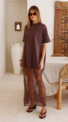 Raina T-Shirt Maxi Dress - Brown Lace