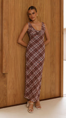 Harena Off Shoulder Maxi Dress - Brown Plaid Print