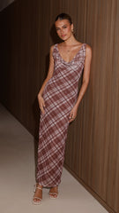 Harena Off Shoulder Maxi Dress - Brown Plaid Print