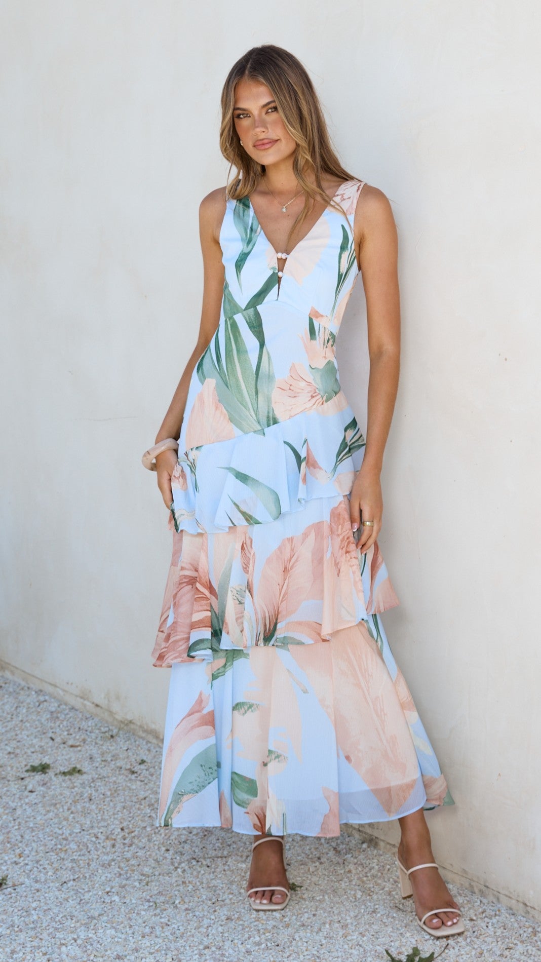 Reina Tiered Maxi Dress - Blue Floral