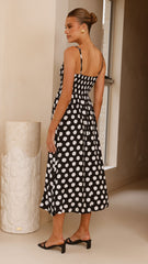 Roma Midi Dress - Black/ White Polka Dot