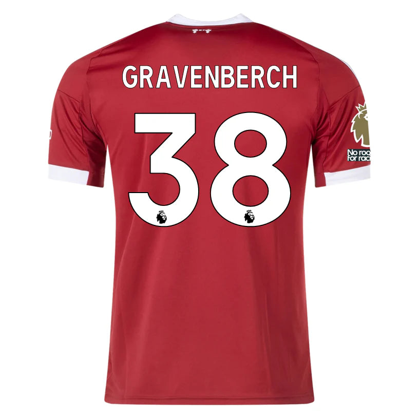 adidas Gravenberch Men's Liverpool Home Jersey 25/26 w/ NRFR + EPL Champions Patch (Strawberry Red)