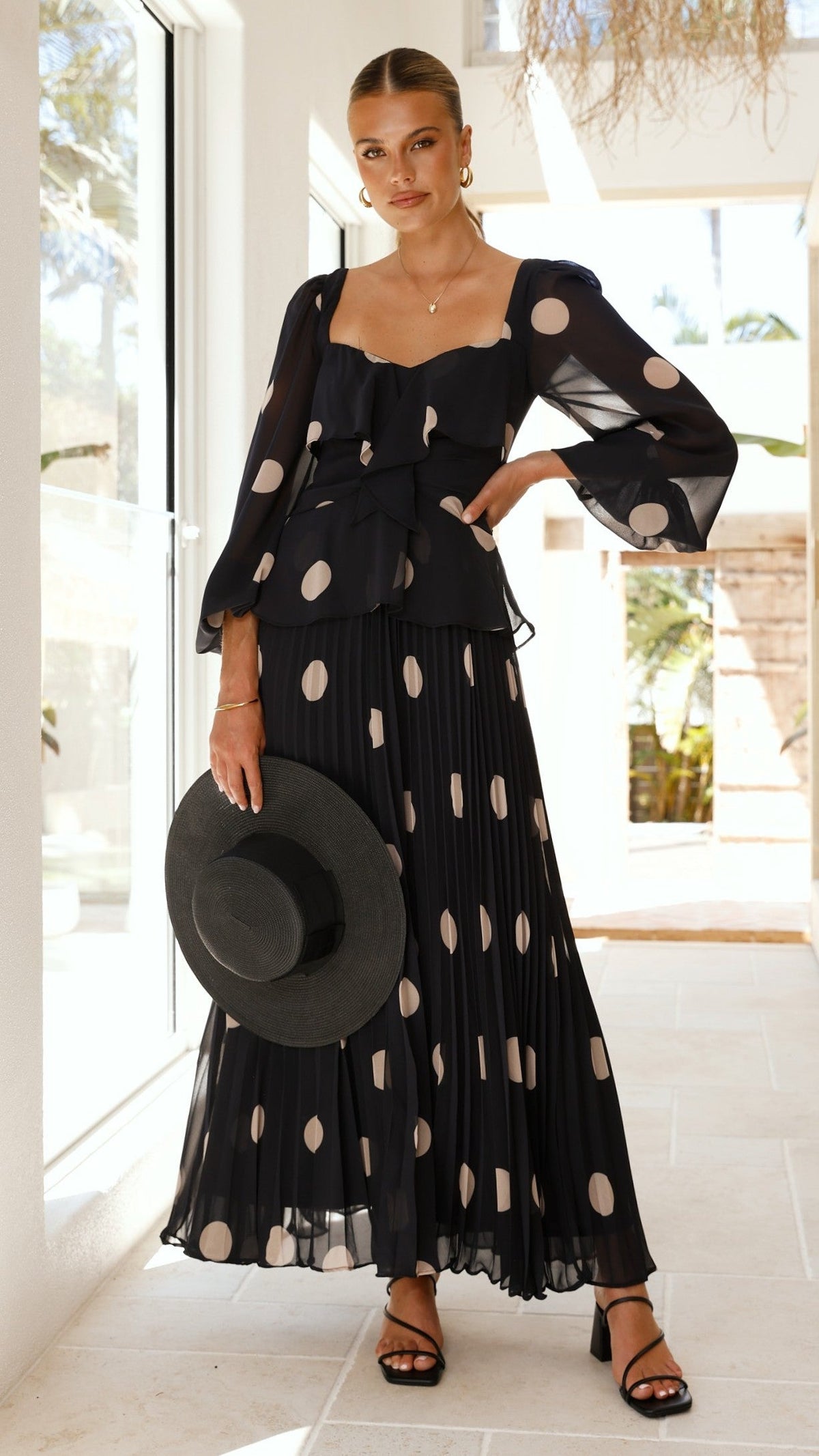 Calandra Long Sleeve Midi Dress - Black/Cream Polka