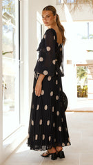 Calandra Long Sleeve Midi Dress - Black/Cream Polka
