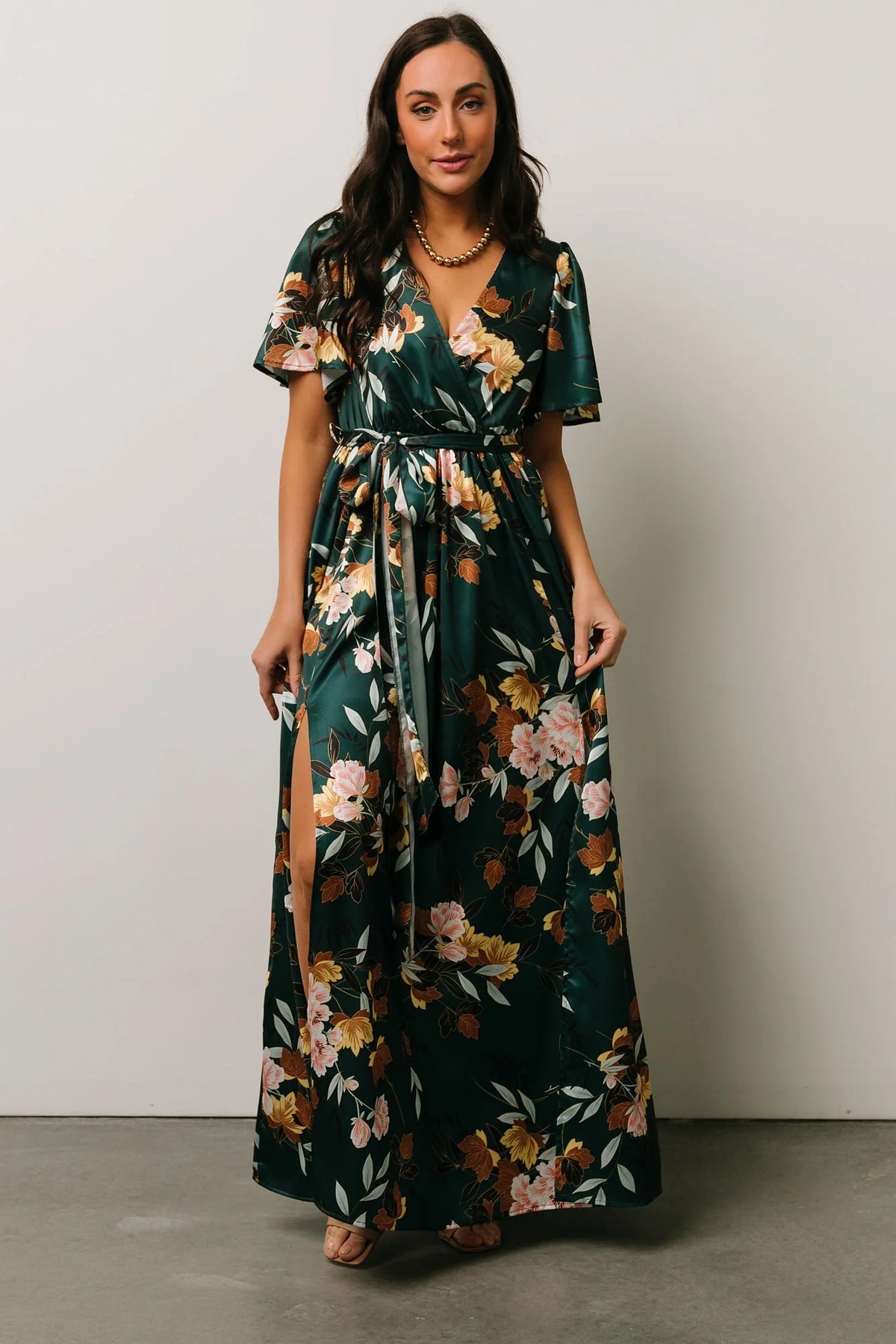 Sicily Satin Maxi Dress | Dark Green Floral