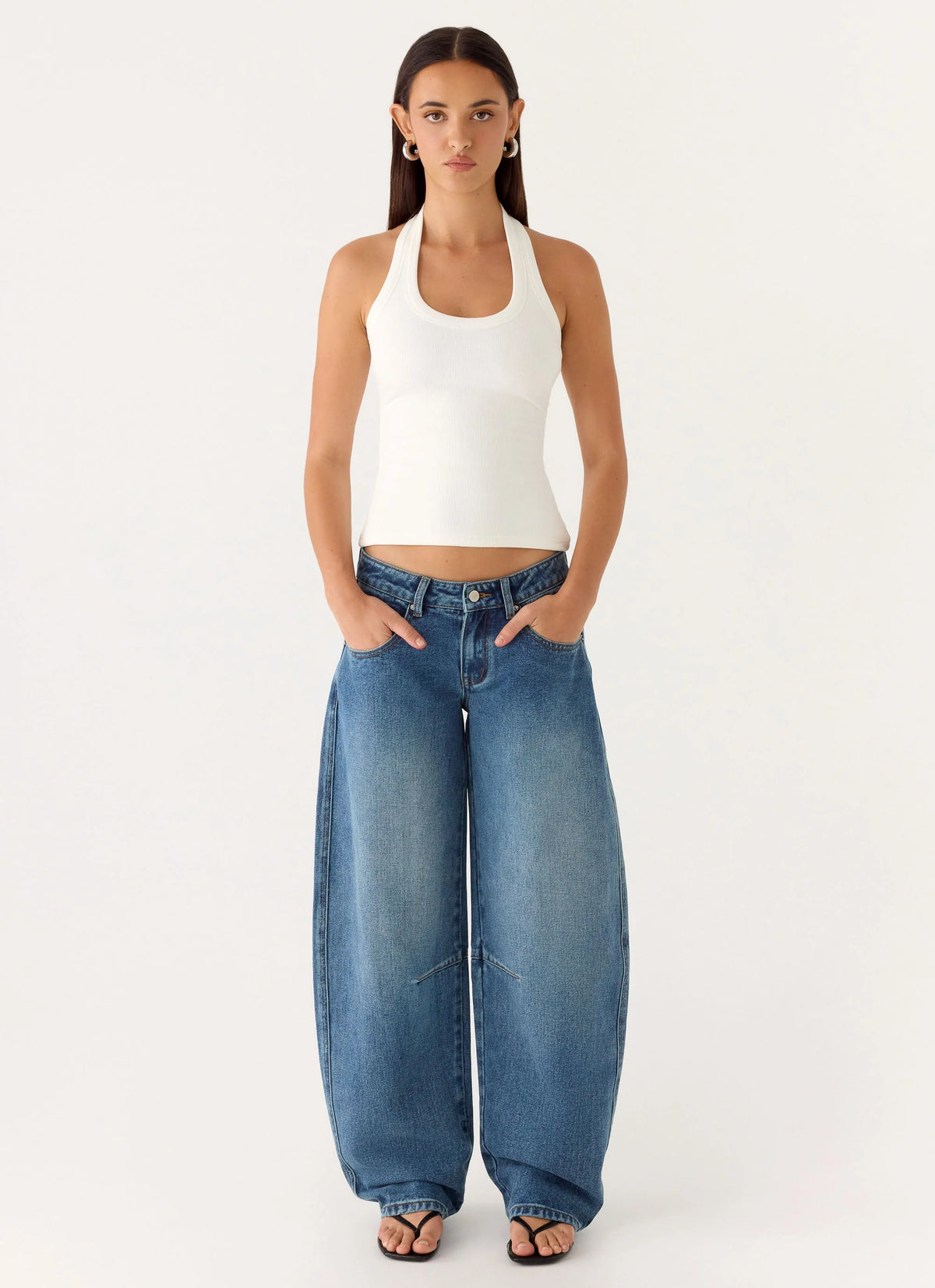 Stevie Low Rise Barrel Leg Jeans - Mid Wash Blue