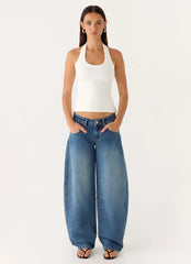 Stevie Low Rise Barrel Leg Jeans - Mid Wash Blue