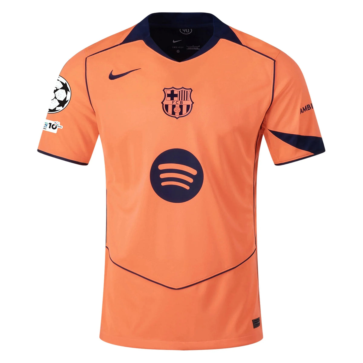 Nike Men's FC Barcelona T90 Third Jersey 25/26 w/ Champions League Patches (Mango/Navy)