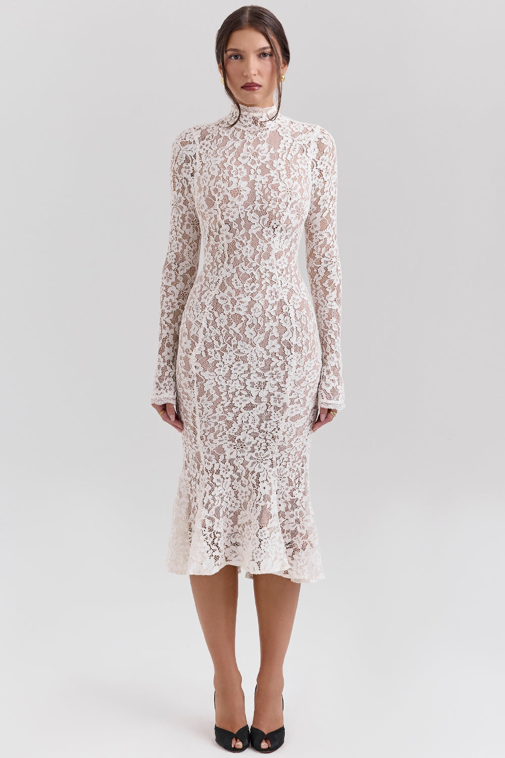 Sophia-Vintage Ivory Lace Fitted Midi Dress