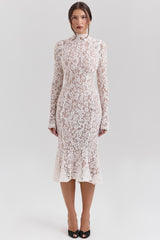 Sophia-Vintage Ivory Lace Fitted Midi Dress