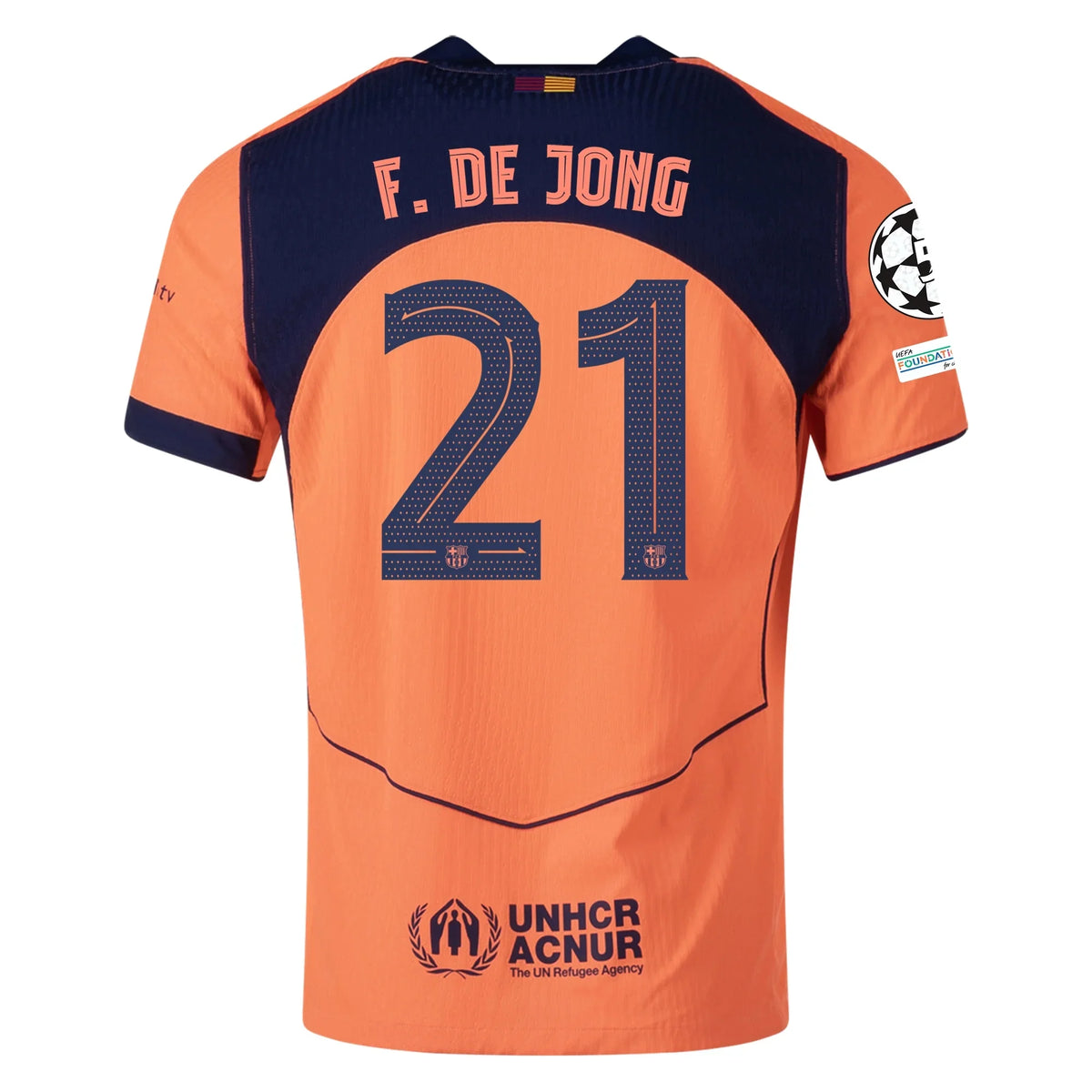 Nike Frenkie De Jong FC Barcelona Third T90 Authentic Jersey 25/26 w/ Champions League Patches (Mango/Navy)