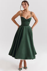Mademoiselle-Forest Green Satin Tulle Midi Dress