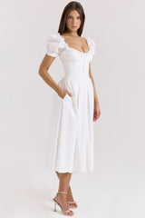 Lulabell-White Stretch Cotton Puff Sleeve Midi Dress