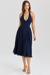 Solada-Navy Georgette Halter Midi Dress
