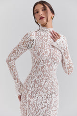Sophia-Vintage Ivory Lace Fitted Midi Dress