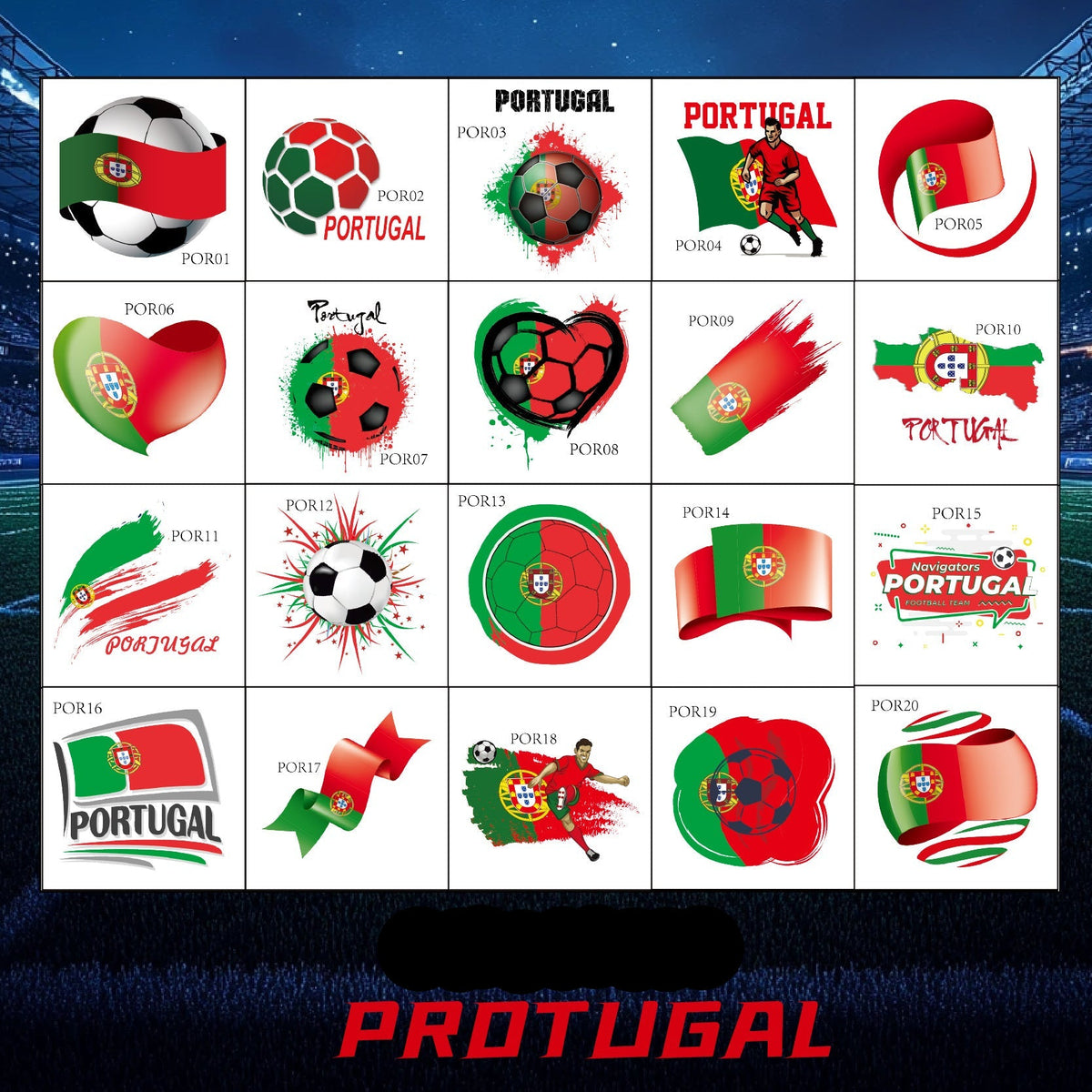 Portugal Football Face Stickers & Temporary Tattoos – 20 Pack