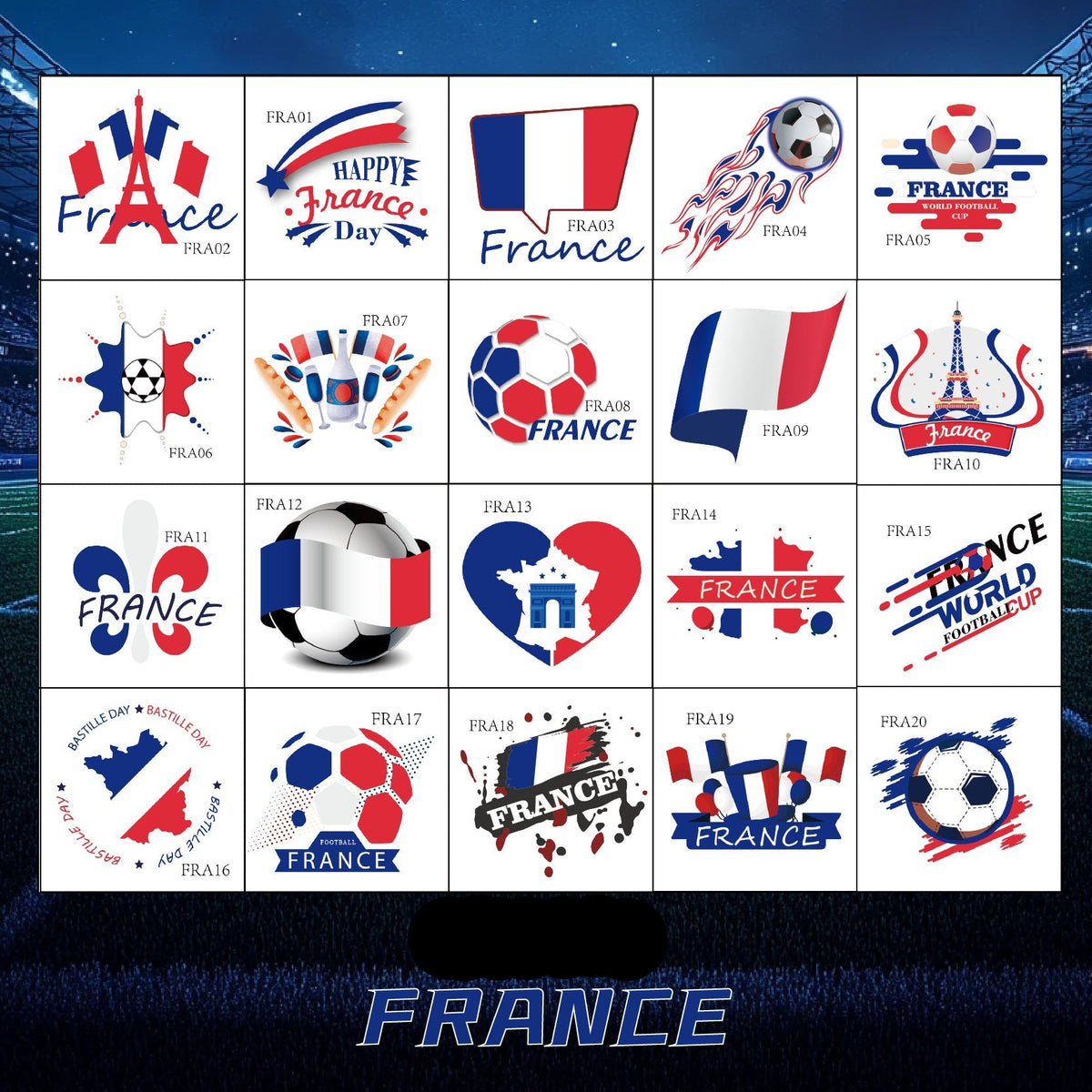 France Football Face Stickers & Temporary Tattoos – 20 Pack