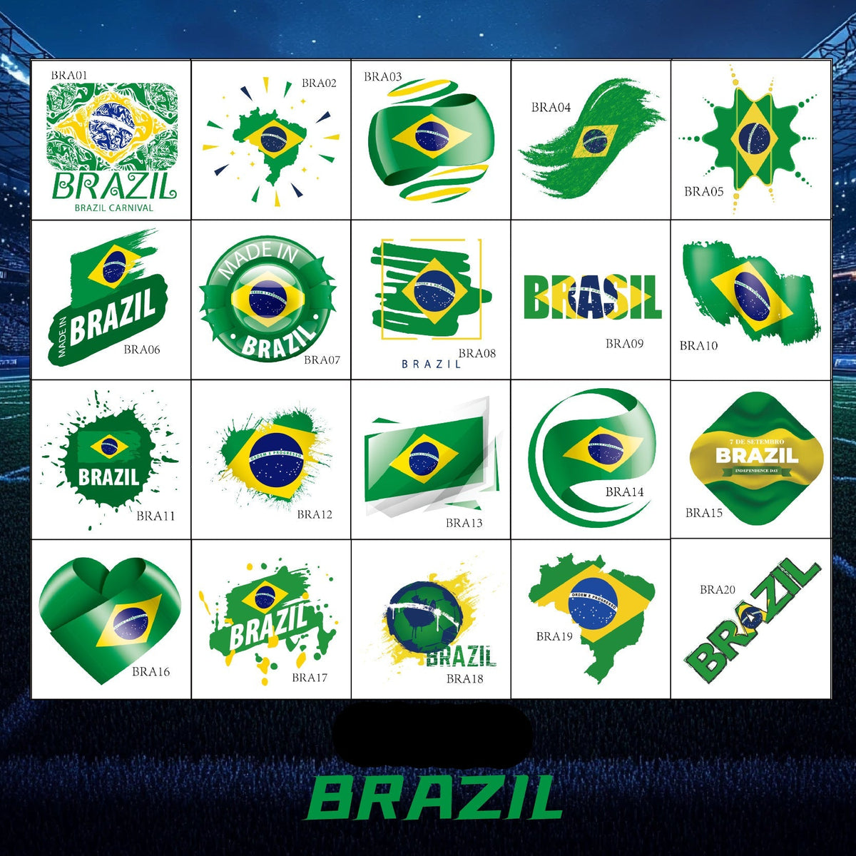 Brazil Football Face Stickers & Temporary Tattoos – 20 Pack
