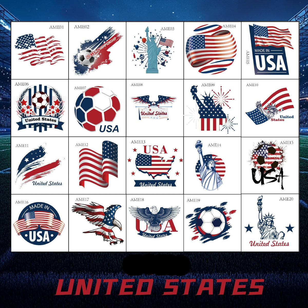 USA Football Face Stickers & Temporary Tattoos – 20 Pack