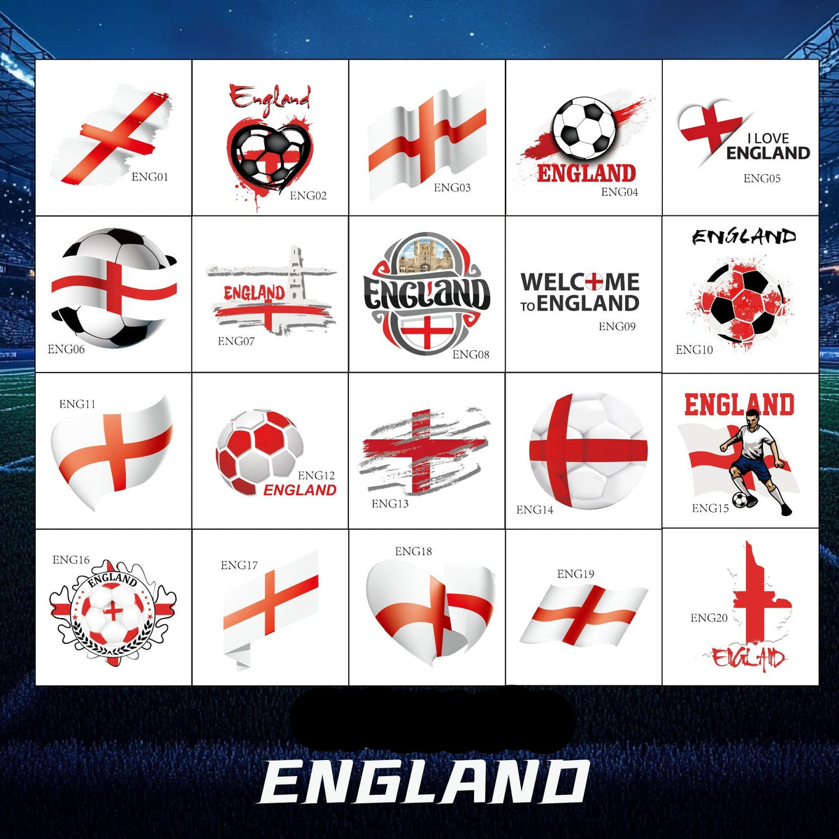 England Football Face Stickers & Temporary Tattoos – 20 Pack