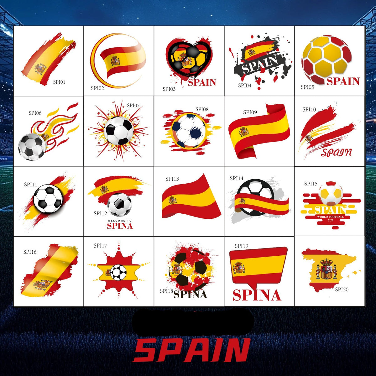 Spain Football Face Stickers & Temporary Tattoos – 20 Pack