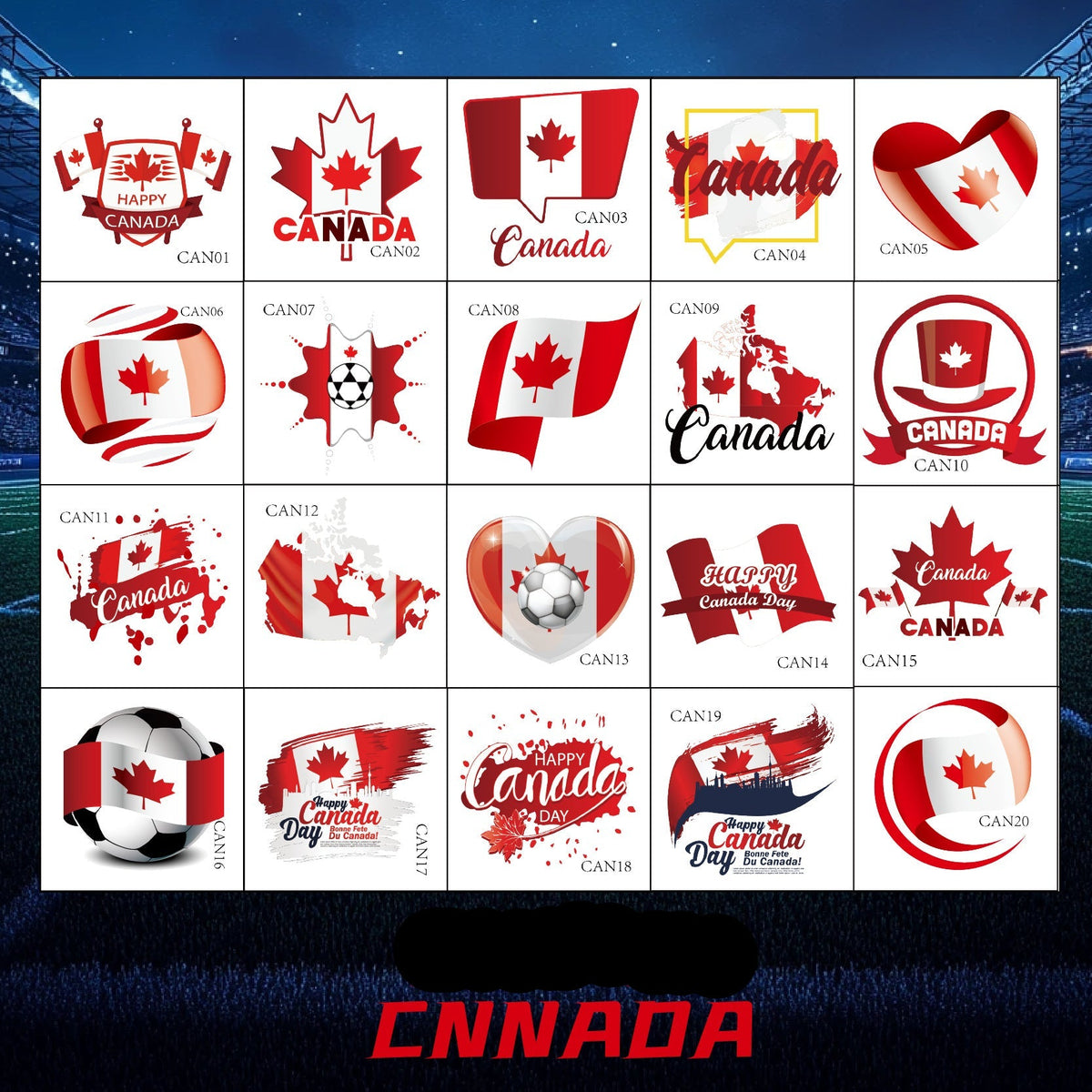 Canada Football Face Stickers & Temporary Tattoos – 20 Pack