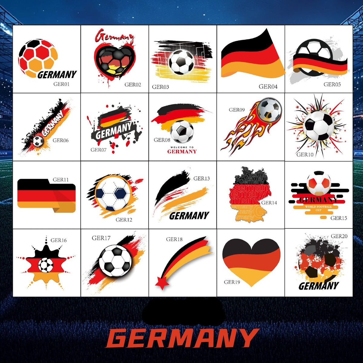 Germany Football Face Stickers & Temporary Tattoos – 20 Pack