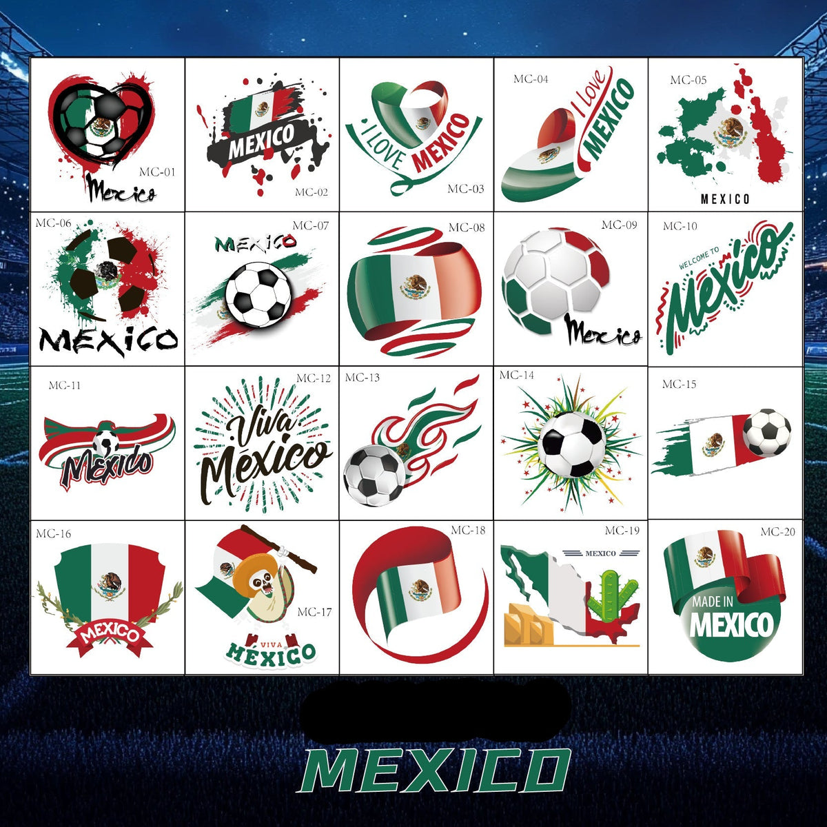 Mexico Football Face Stickers & Temporary Tattoos – 20 Pack