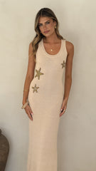 Tamasha Knit Maxi Dress - Beige / Gold Star