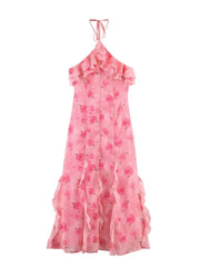 Pink Rose Print Ruffle Midi Dress