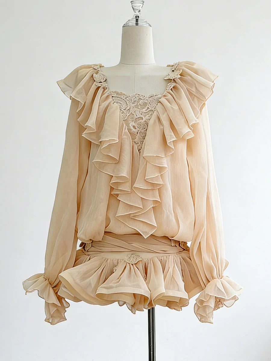 Ruffles Long Sleeve Mesh Mini Dress