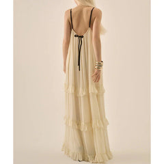 3D Floral Spaghett Strap Tiered Ruffle Maxi Dress
