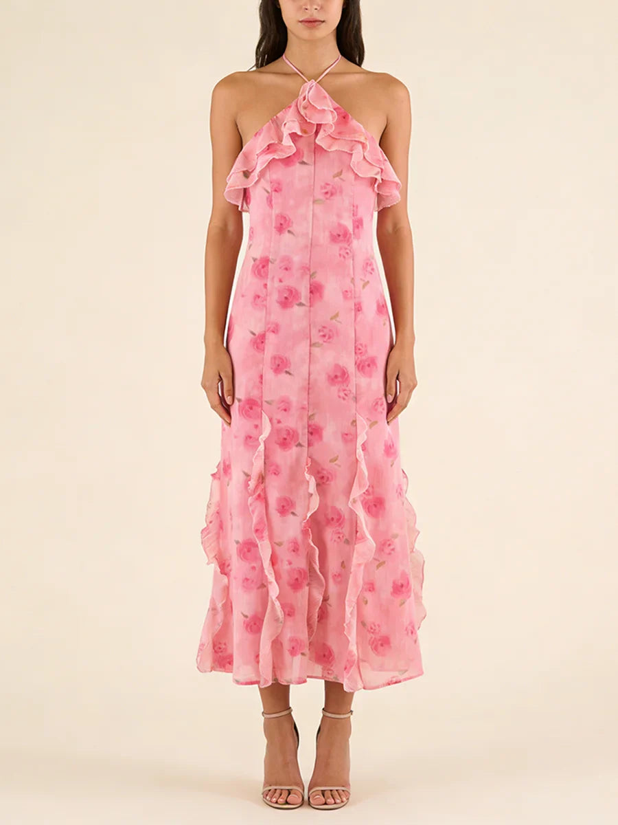 Pink Rose Print Ruffle Midi Dress
