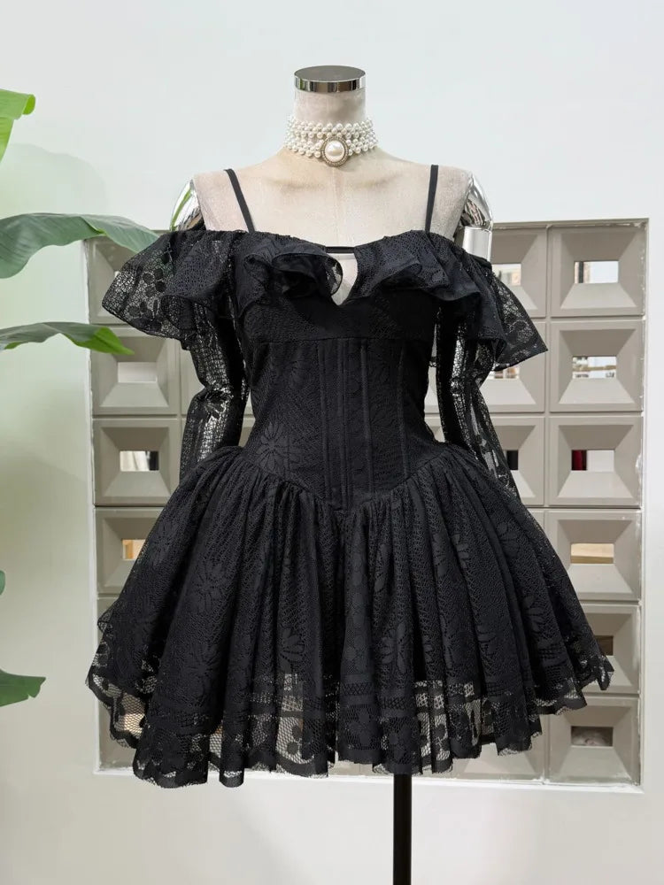 Off Shoulder Lace Corset Flared Mini Dress