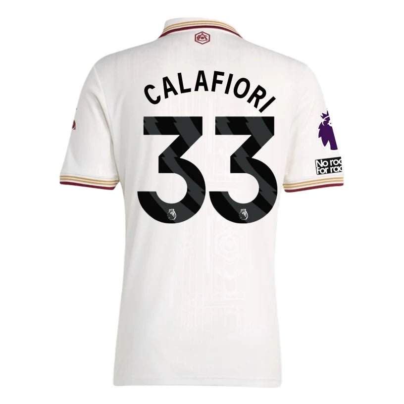 adidas Calafiori Men's Arsenal FC Third Jersey 25/26 w/ NRFR + EPL Patches (White/Burgundy)